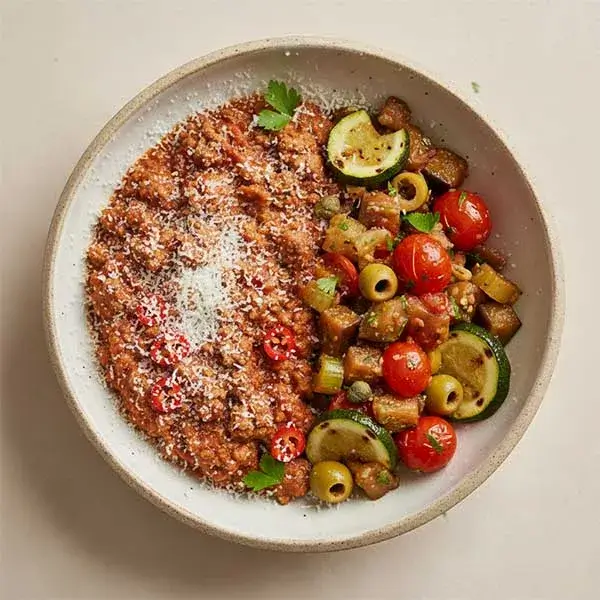 Sloppy Joe beef with caponata vegetable, Pickled onion & chilly pepper